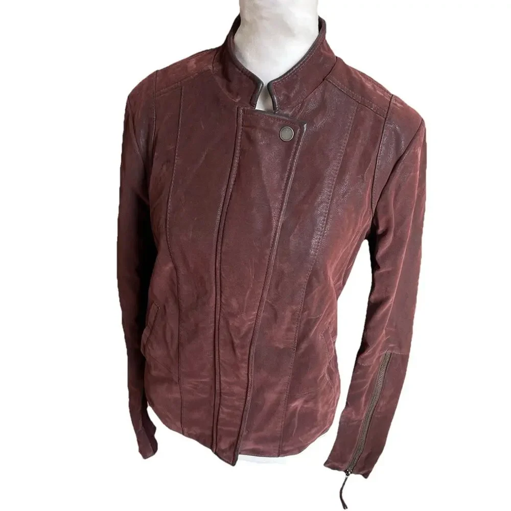 Free People Moto Jacket Womens 4 Burgundy Vegan Faux Leather Boho Biker NWT